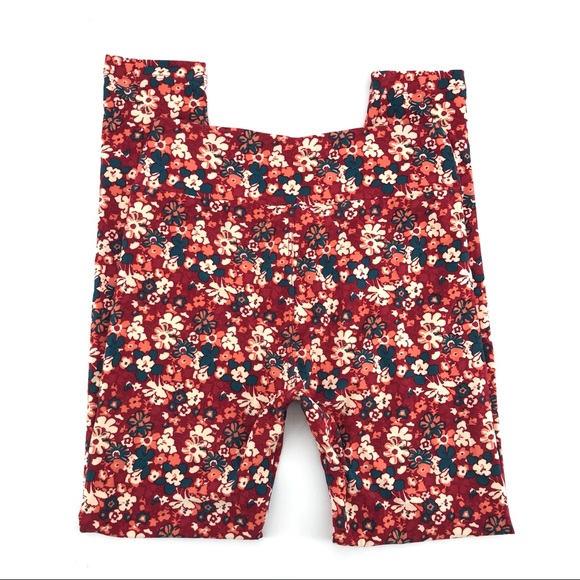 LuLaRoe Red & Teal Floral Print Leggings - Picture 3 of 6